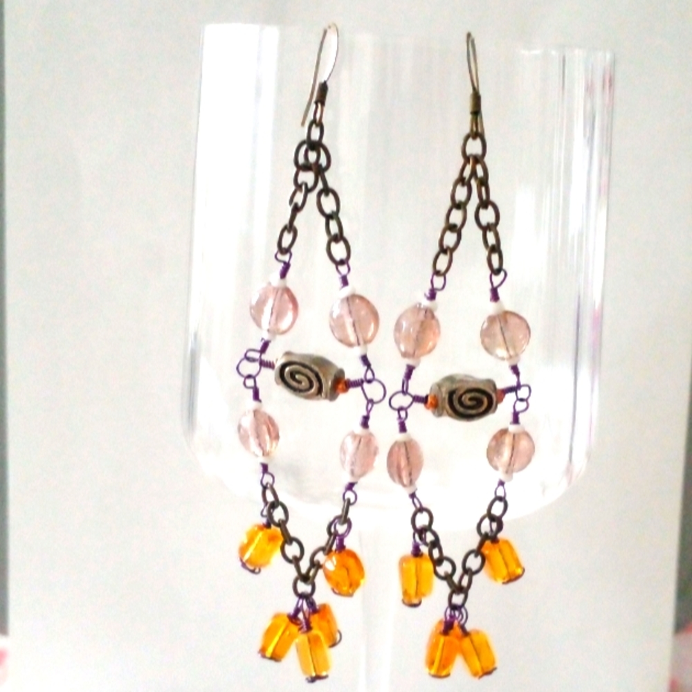 Mauve Yellow Glass Beads Chandelier Dangle Earrings